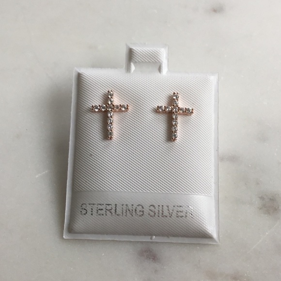 Rose GP/Sterling Silver Cz Cross Post Earrings - Picture 13 of 16